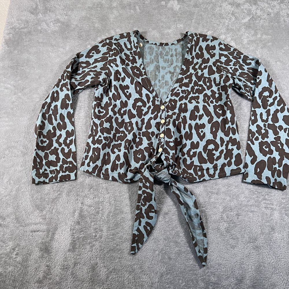 The At Dawn Reversible Leopard Print Blouse Tie Front Long Sleeve Blue Small NEW